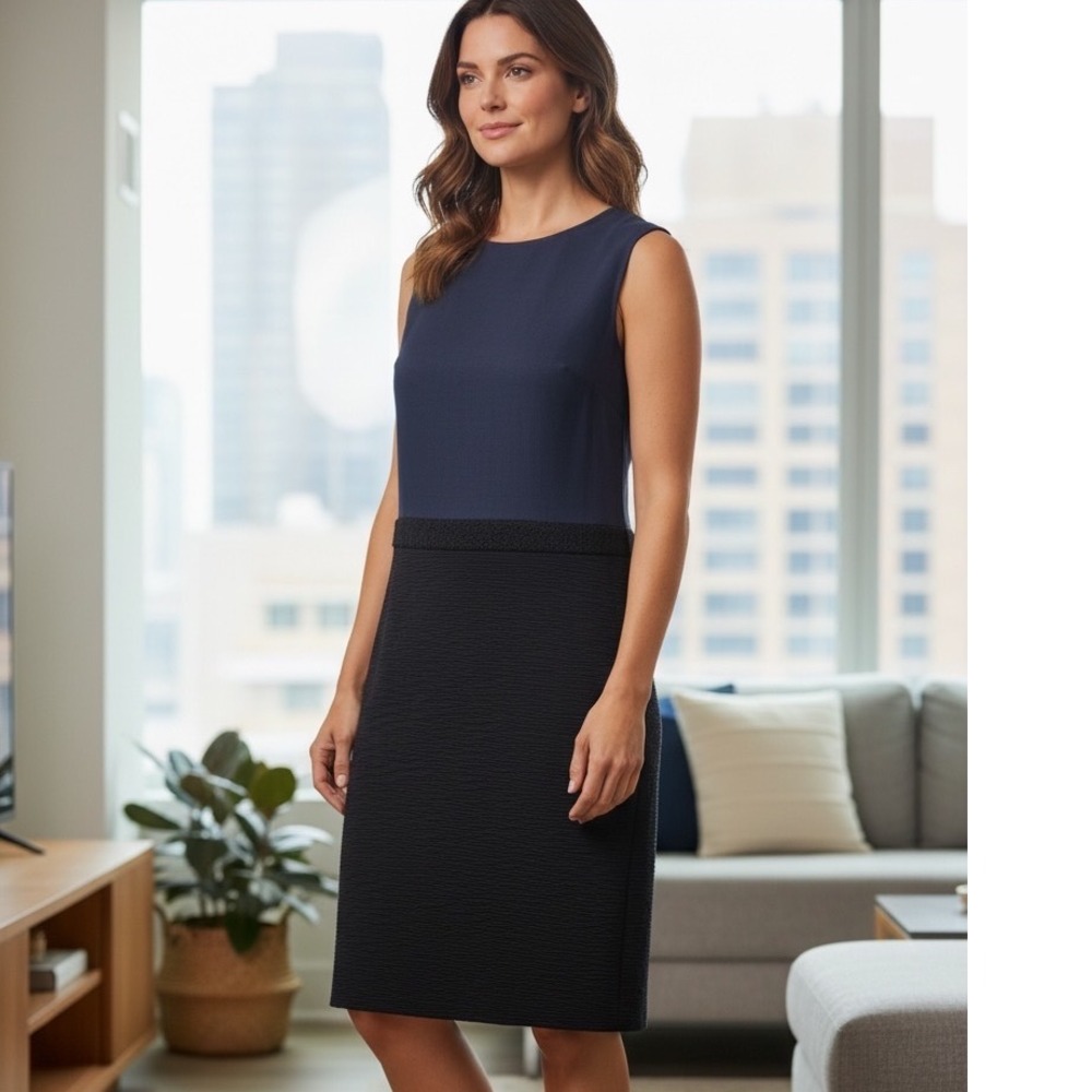 Lafayette 148 New York Virgin Wool Navy Blue Black Sheath Dress Size 8
